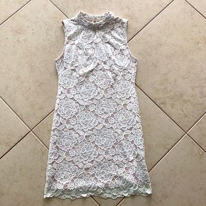 HIGH NECK NUDE/WHITE LACE COCKTAIL DRESS